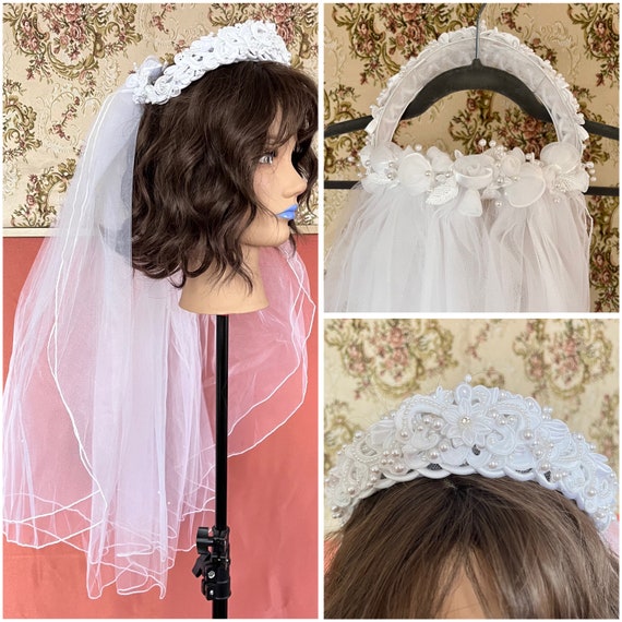 1980's Beaded Pearl Tiara Headpiece and Veil