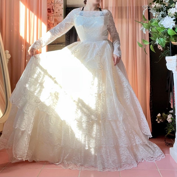 All Lace Long Sleeved Ballgown With Tiered Skirt - image 2