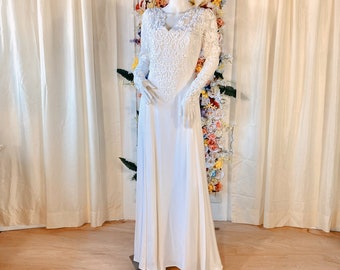 Ivory Chiffon Long Sleeve Dress with Lace Overlay