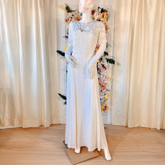 Ivory Chiffon Long Sleeve Dress with Lace Overlay