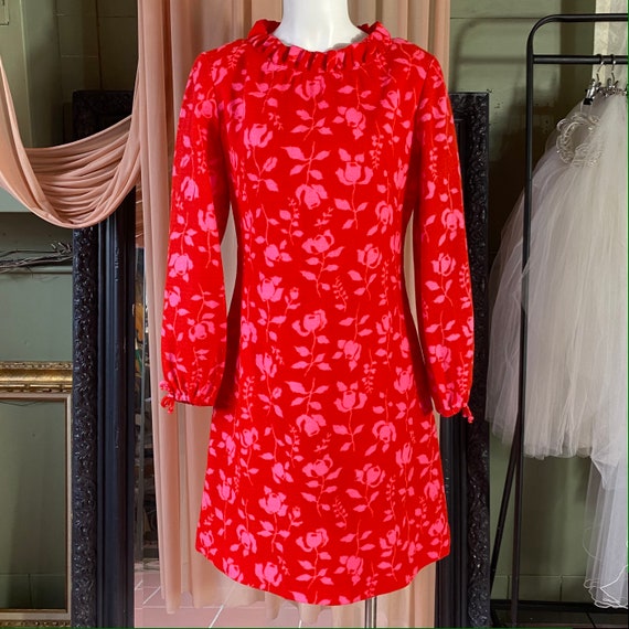 Gay Gibson Wool Red Dress with Pink roses - image 3