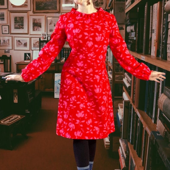 Gay Gibson Wool Red Dress with Pink roses