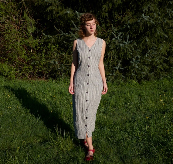 black and white vertical striped maxi dress