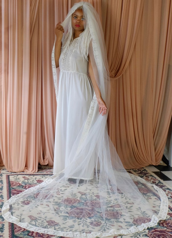 Vintage Cathedral Length Veil with Lace Edging