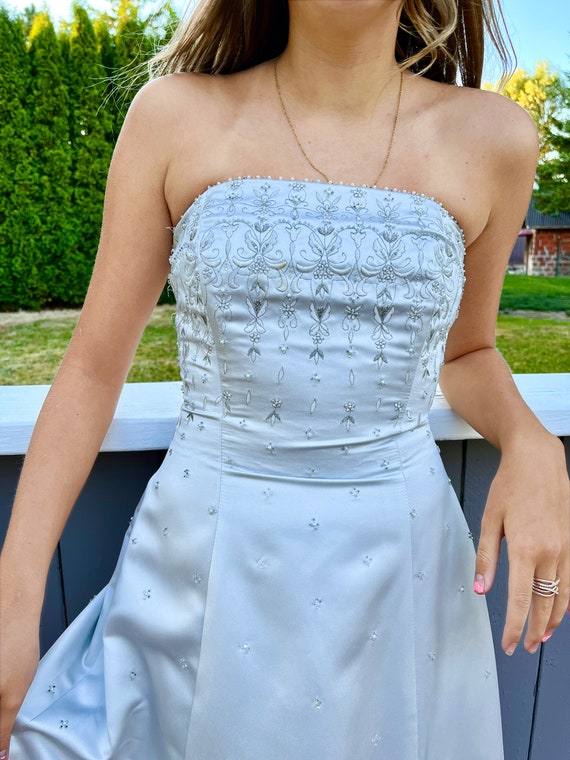 Strapless Gray-Blue Dress with Beaded Bodice.