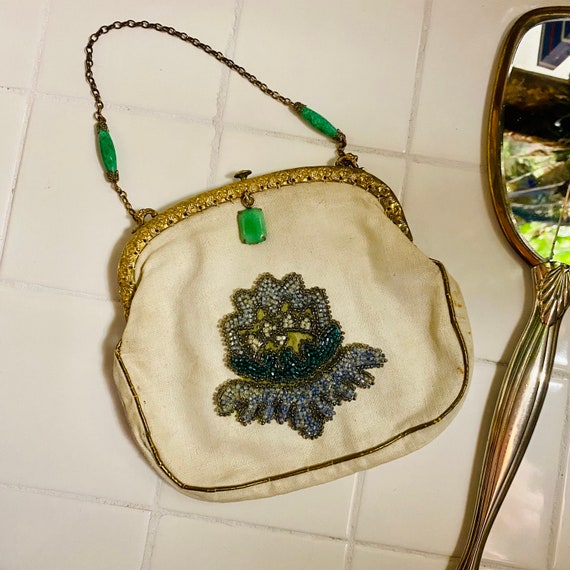 Vintage 1962 Beaded Cream & Gold  Clutch with Jade Accents