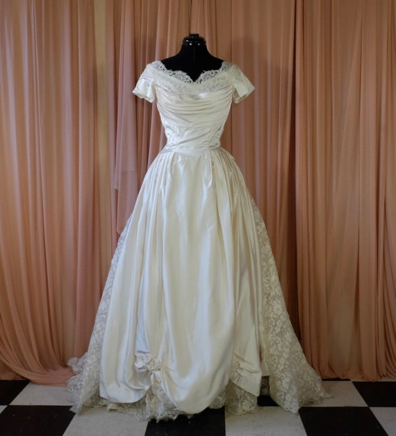 Satin and Lace Draped Wedding Dress