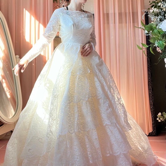 All Lace Long Sleeved Ballgown With Tiered Skirt - image 3