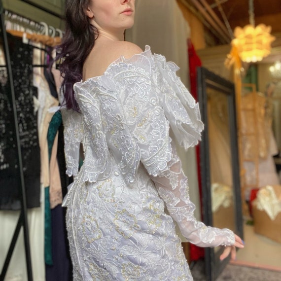 1980's Lace & Sequin Off-Shoulder Dress With Detachable Train and Arm Sleeves