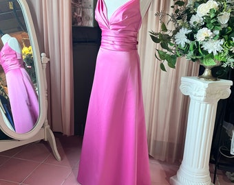 Pink Satin Gown With Adjustable Spaghetti Straps.