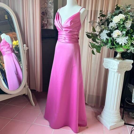 Pink Satin Gown With Adjustable Spaghetti Straps.