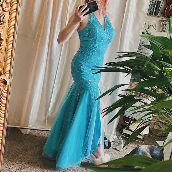 Turquoise Mermaid Halter Top Prom Dress