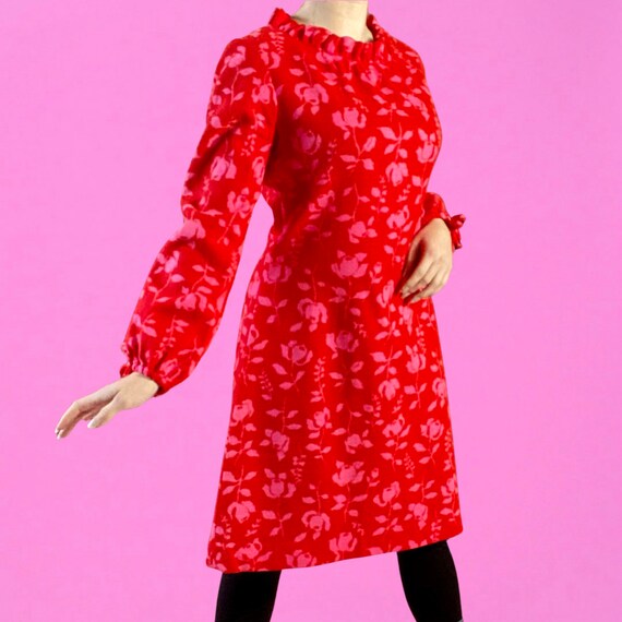 Gay Gibson Wool Red Dress with Pink roses - image 2