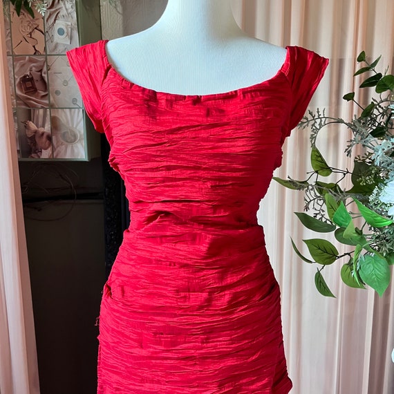 Red Crinkled Taffeta Off-shoulder Gown (Alex Eveni