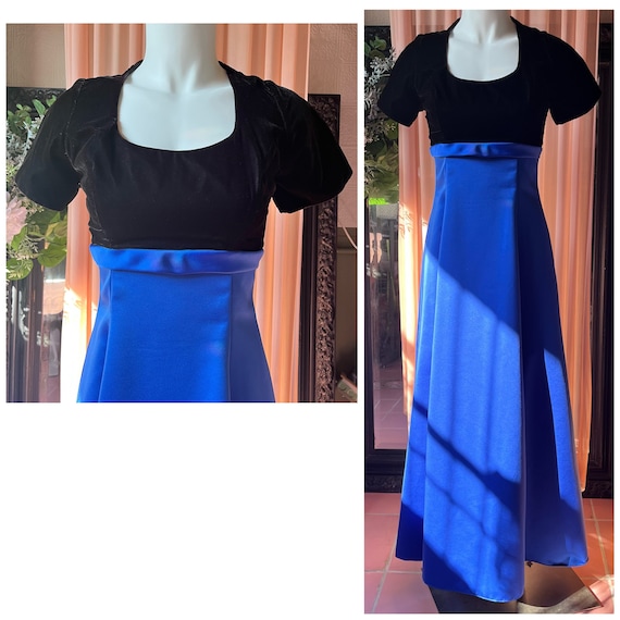 Vintage dress with a black velvet short sleeve top and long dark blue skirt