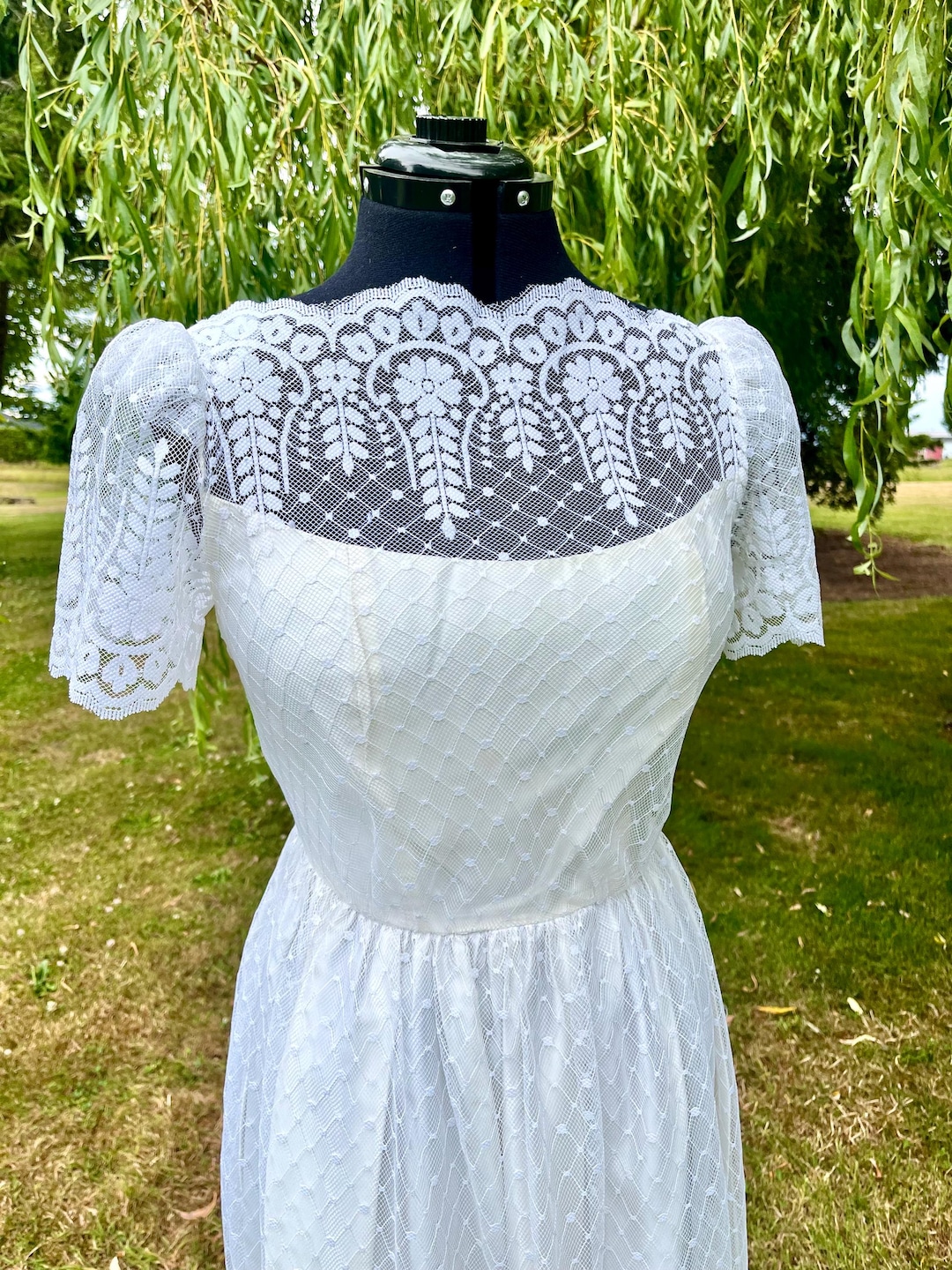 Vintage 1970s Cream All-Lace Dress - High Neck Illusion Bodice & Puff Sleeves