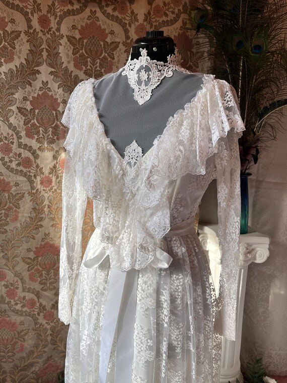 Off White All Lace Long-sleeved Dress with Yoke and Ruffles