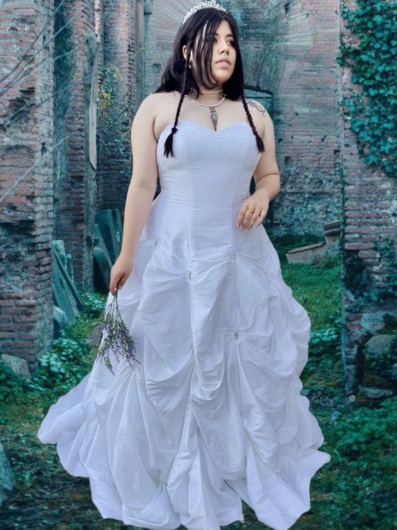 Strapless White Satin Ballgown with Pick-ups on the Skirt