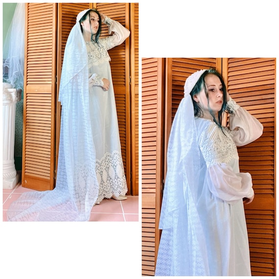 1973 Ivory Over Blue French Laced Dress with 2 Matching Veils.