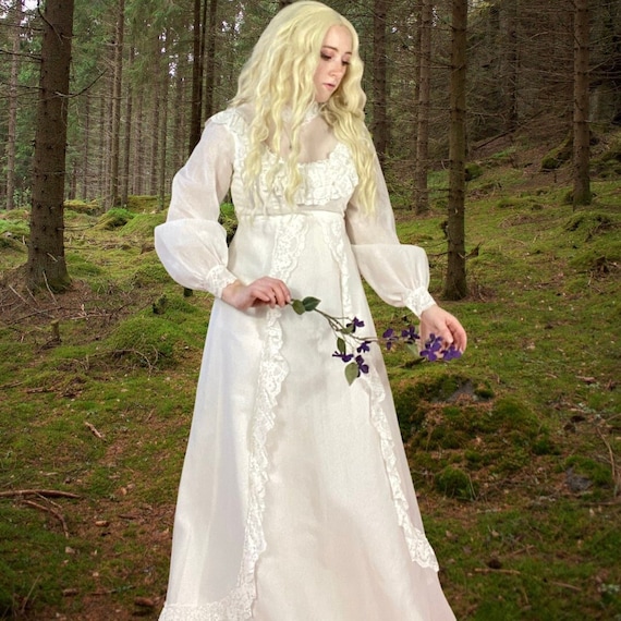 Cottage Core Prairie Wedding Dress With Empire Waist & Bishop Sleeves