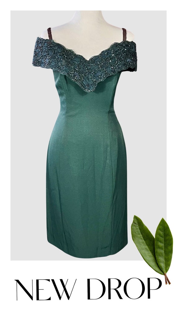 Vintage Off-shoulder Forest Green Midi Dress