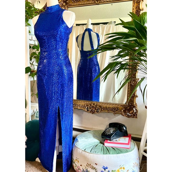 Flirtations 80's Sleeveless Blue Sequin Dress With Sexy Back