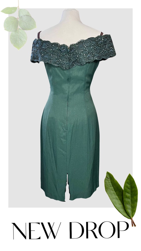 Vintage Off-shoulder Forest Green Midi Dress - image 3