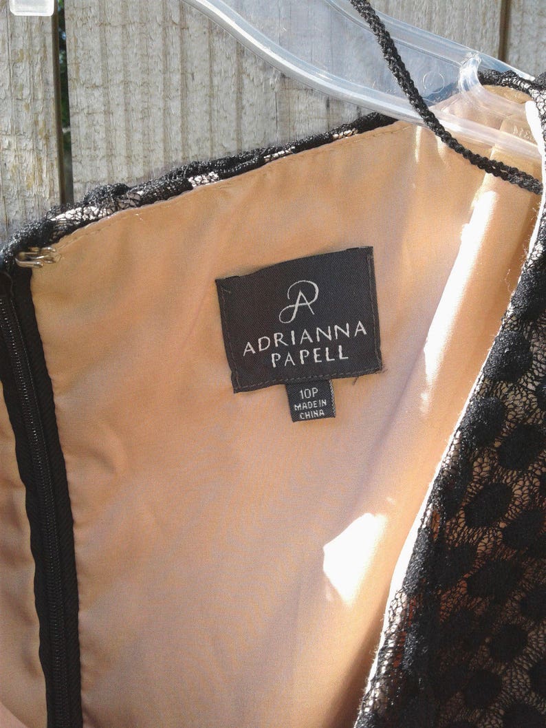 Puede incluir: Vestido de encaje negro con forro marr&oacute;n y una etiqueta negra que dice "Adrianna Papell" y "10P Hecho en China".