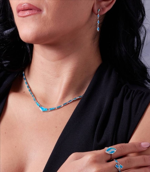 Blue Opal Necklace, Greek Jewelry , Silver 925