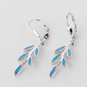 Olive Leaf Blue Opal Earrings Handmade Sterling Silver