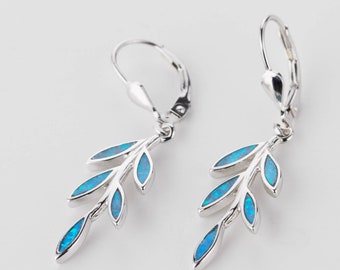 Olive Leaf Blue Opal Earrings Handmade Sterling Silver