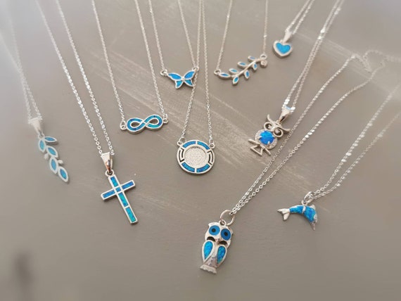 Sterling Silver Blue Opal Necklace, Greek Jewelry