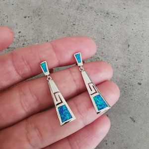 High quality Sterling silver 925 earrings / Meandros greek key/ Blue opal
