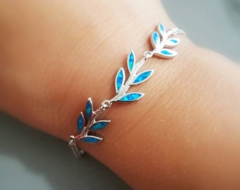 Silver925 /Opal Olive leaf Bracelet / Blue Opal /Hand Made