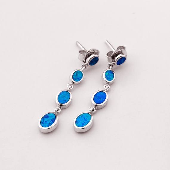 Sterling Silver Blue Opal Dangle Earrings, Greek Jewelry