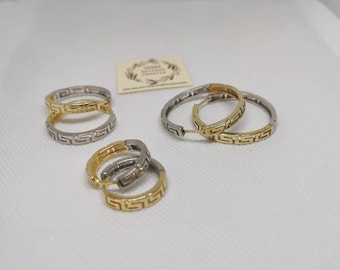 Gold Plated Sterling Silver Meandros Hoop Earrings - Greek Key Jewelry