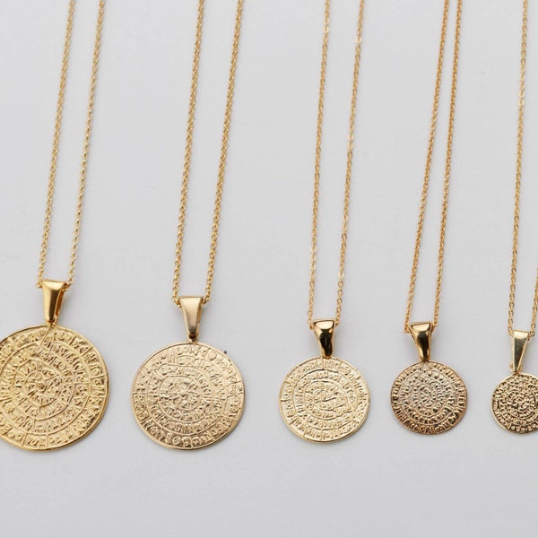 Unisex Silver 925 Necklace -Two Sided Phaistos Pendant - Phaistos Disc - Ancient Greek Jewelry - Gold Plated - Chain & Pendant-Coin