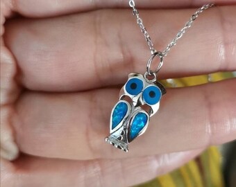Sterling Silber Blue Opal Eule Halskette - Handmade 925 Anhänger