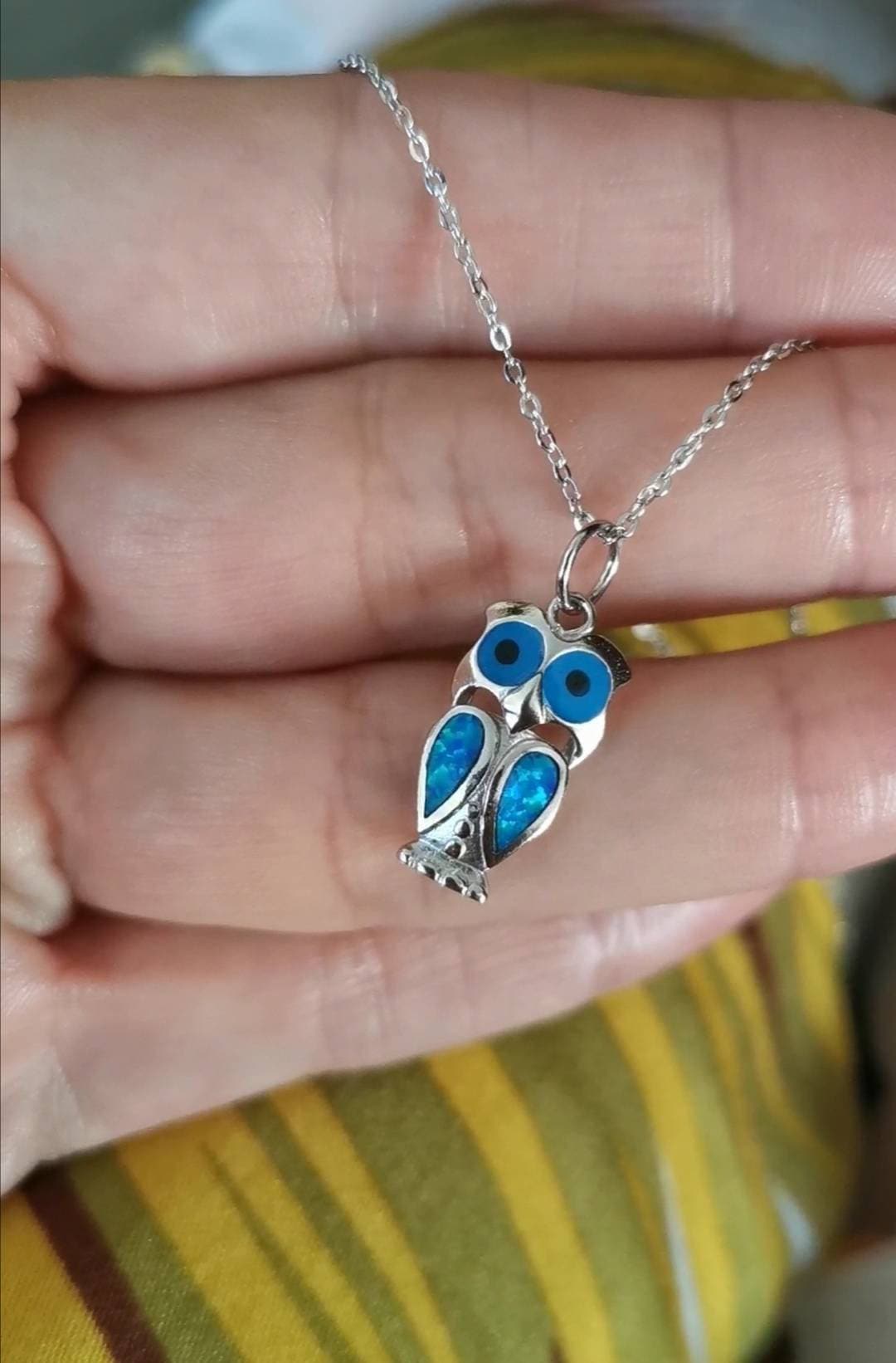 Sterling Silver Blue Opal Owl Necklace - Handmade 925 Pendant