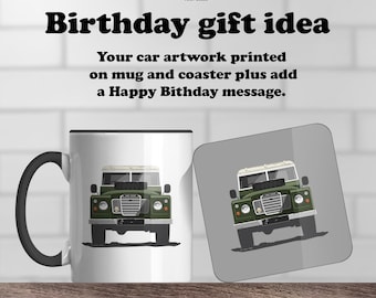 Besonderes Geburtstagsgeschenk, Ihre Auto-Kaffeetasse und Untersetzer, Geschenk zum 40. Geburtstag, Geschenk zum 50. Geburtstag, Geschenk zum 60. Geburtstag, Kaffeetasse und Untersetzer.