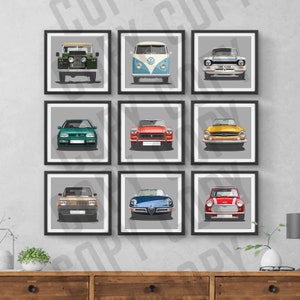 9 classic car prints, Choose from over 160 Classic cars, Frames not included, boys room wall art , gift, birthdays, Husband gift idea