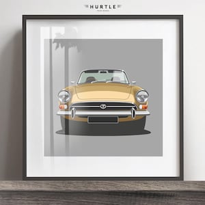 May include: A vintage yellow convertible car with a black grille and chrome accents. The car is framed in a black picture frame.