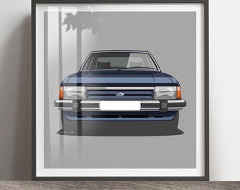 Ford Granada MK2 Car Artwork Print, Custom Reg and Color, Classic Car Gift