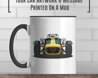 Tasse à café Lotus 7, tasse Caterham 7, ajoutez de la couleur et de la tenue classique, impression de voiture classique, cadeau, cadeau de fête des pères, oeuvre d&#39;art de voiture classique, idée cadeau Lotus,