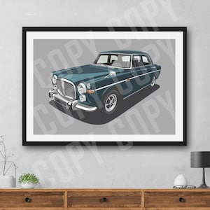Op de afbeelding: Een ingelijste print van een tealblauwe vintage auto met een grijze achtergrond. De auto is een klassieke sedan met chroomaccenten en een wit interieur.
