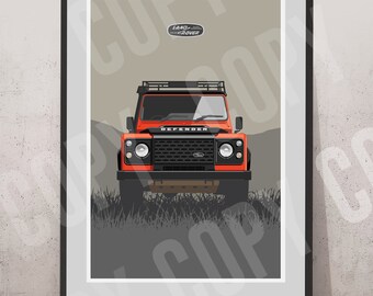 May include: A red Land Rover Defender with a black grille and a roof rack. The vehicle is driving through a field of grass.