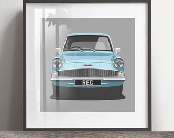 Ford Anglia Kunstwerk Druck, Hinzufügen Reg & Farbe, Rahmen nicht enthalten, Harry Potter Geschenk, Geburtstag Geschenkidee.
