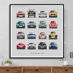My Car History Poster,  Fully bespoke artwork to your instruction, Car illustration, Car gift, Classic car gift idea, Birthday gift,