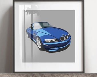 May include: A framed print of a blue BMW Z3 M Coupe, a classic sports car with a convertible top. The car is depicted against a gray background.