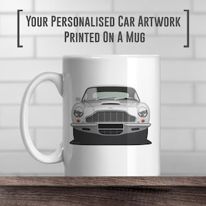 以下が含まれることがあります： 前面にグレーの車のイラストがプリントされた白いセラミックマグカップ。車は、黒いグリルとヘッドライトが付いたクラシックなイギリスのスポーツカーです。車の真上に「YOUR PERSONALISED CAR ARTWORK PRINTED ON A MUG」というテキストがプリントされています。